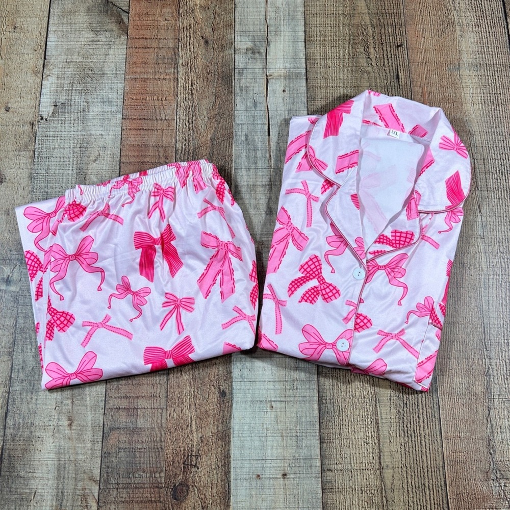 Pink Bow Print Pajama Set Top Pants Long Sleeve Coquette Feminine Plus 2X